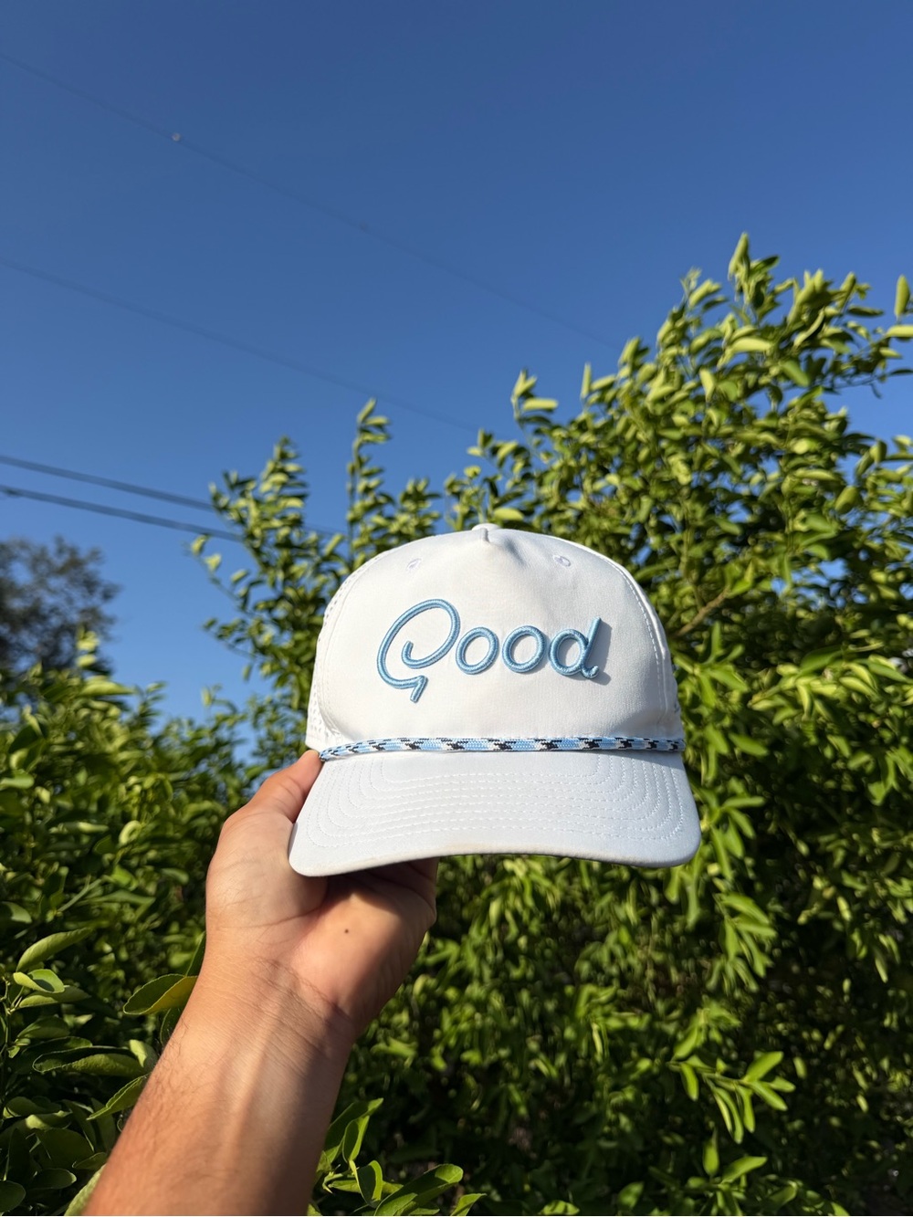 Good Embroidered White Baseball Cap with Light Blue Trim